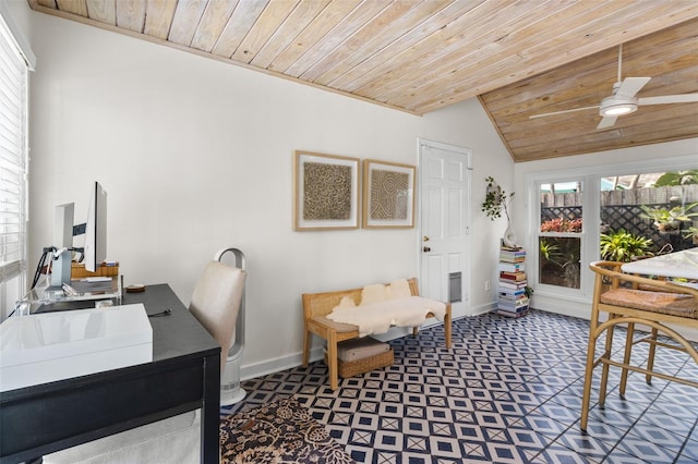 office featuring wood ceiling, vaulted ceiling, and a wealth of natural light