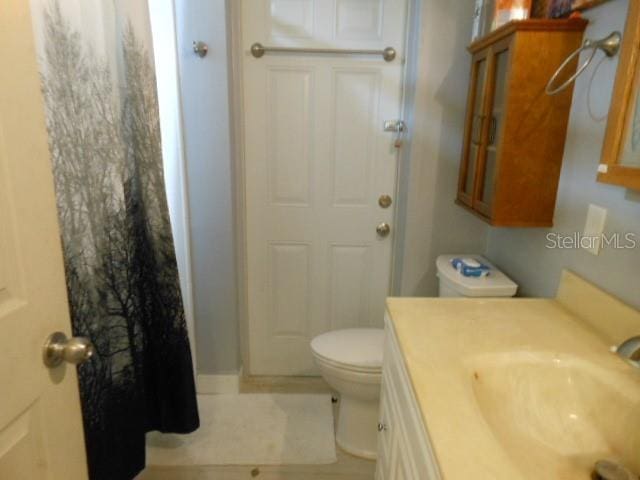 bathroom featuring vanity, a shower with curtain, and toilet