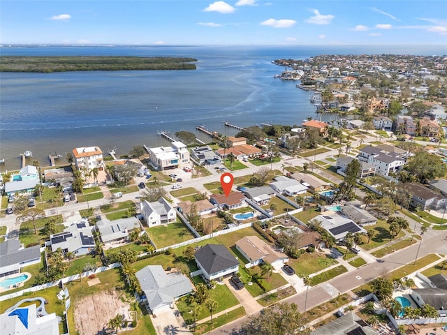 drone / aerial view featuring a water view