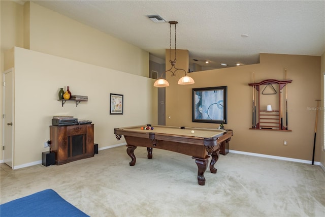 playroom featuring light carpet, high vaulted ceiling, billiards, and a textured ceiling