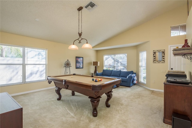 rec room with vaulted ceiling, light colored carpet, a textured ceiling, and pool table