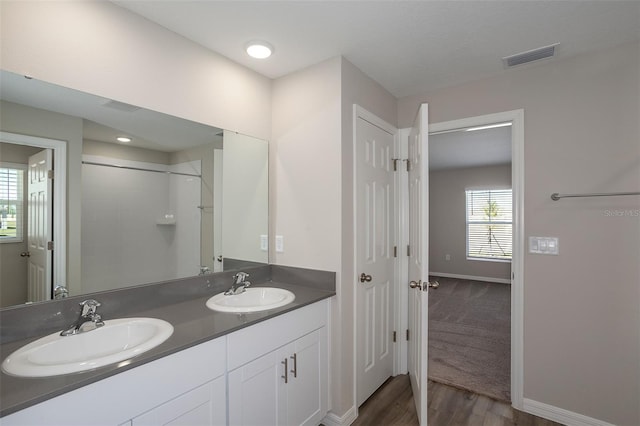 bathroom featuring walk in shower, vanity, and wood-type flooring