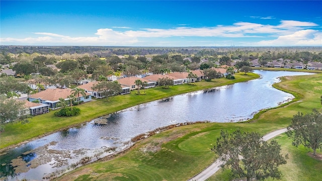 birds eye view of property featuring a residential view and a water view