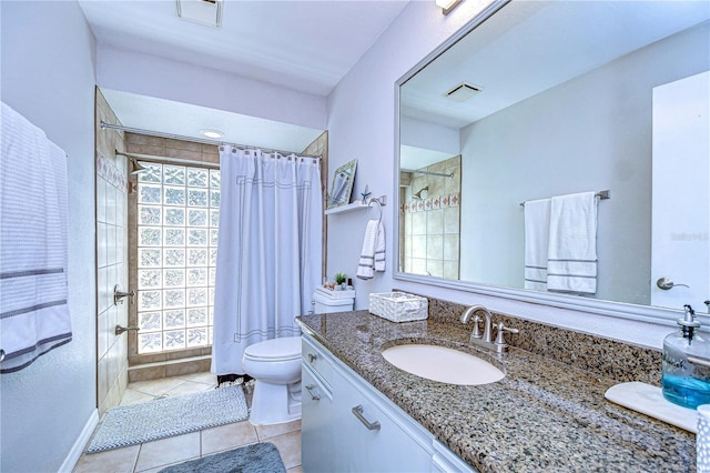 full bath featuring visible vents, toilet, a stall shower, vanity, and tile patterned floors