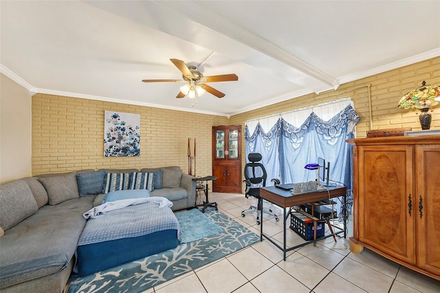 living room featuring light tile patterned floors, crown molding, ceiling fan, and brick wall