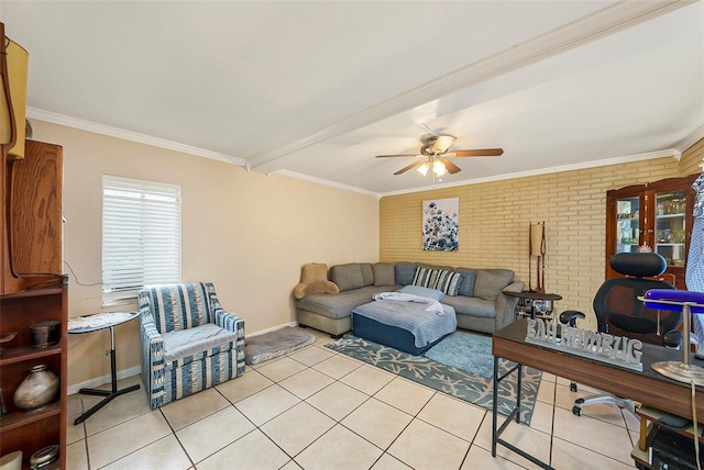 living room with light tile patterned floors, crown molding, ceiling fan, and brick wall