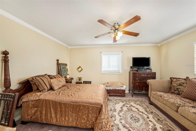 carpeted bedroom featuring ornamental molding and ceiling fan