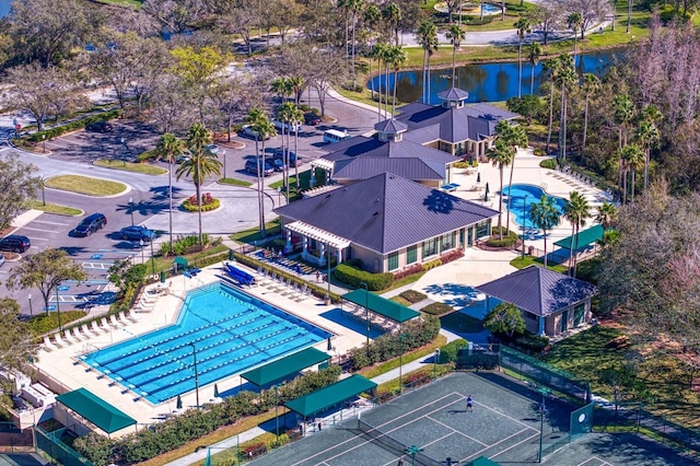 aerial view featuring a water view