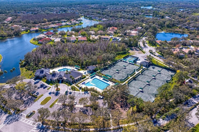 drone / aerial view with a water view