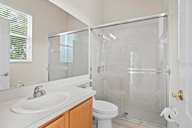 bathroom with toilet, a shower stall, and vanity