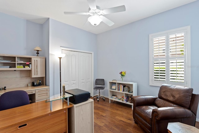 office area featuring a ceiling fan and dark wood finished floors