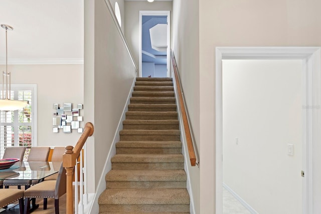 staircase with ornamental molding and baseboards