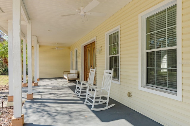 view of patio / terrace featuring ceiling fan and a porch