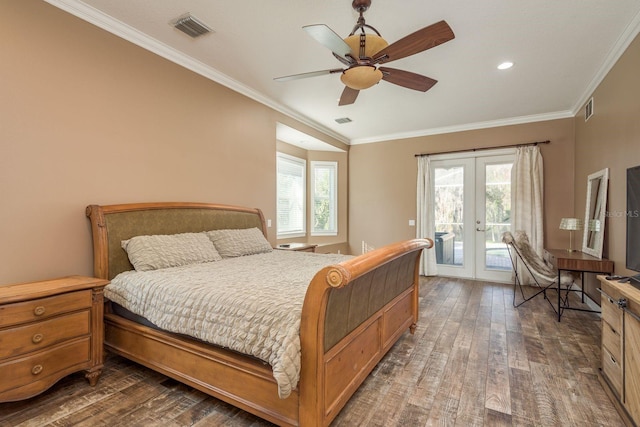 bedroom with access to outside, french doors, dark wood-style flooring, and visible vents