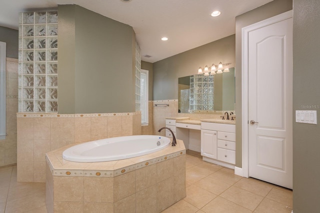 full bath featuring recessed lighting, tile patterned flooring, a bath, and vanity