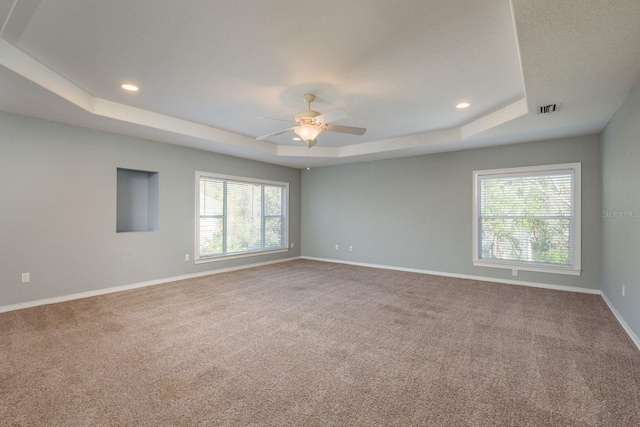 spare room featuring a wealth of natural light, a raised ceiling, visible vents, and baseboards