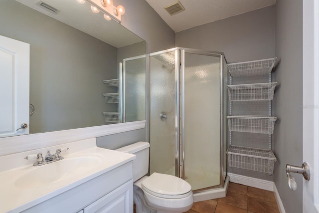 full bath featuring vanity, a shower stall, and visible vents