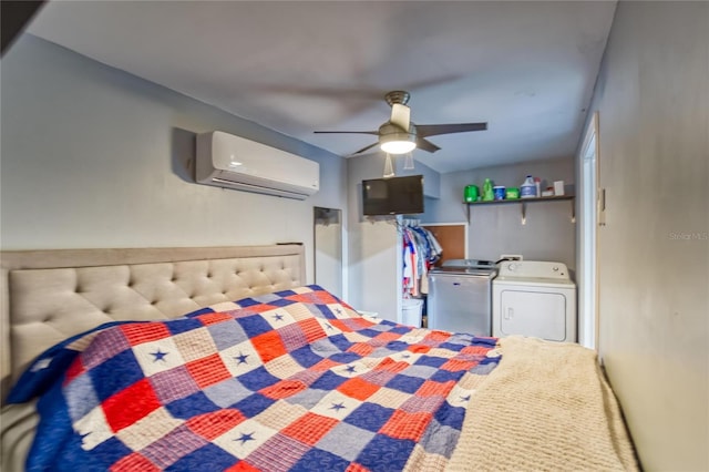 13215 Seminole Trl, Wimauma, FL 33598 - bedroom with ceiling fan, an AC wall unit, washing machine and clothes dryer, and refrigerator
