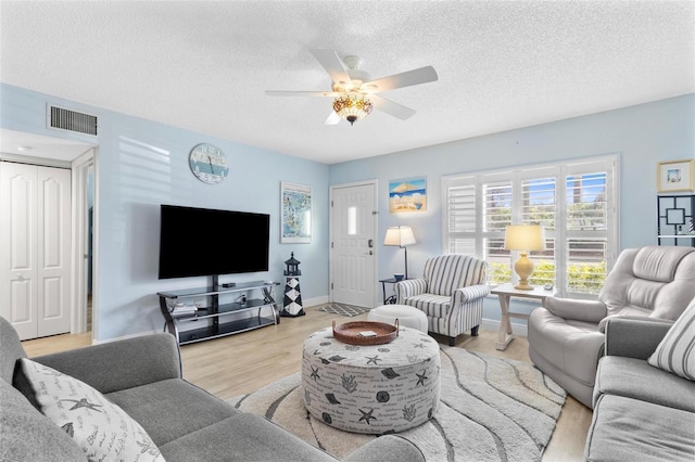 living room with ceiling fan, light hardwood / wood-style flooring, and a textured ceiling