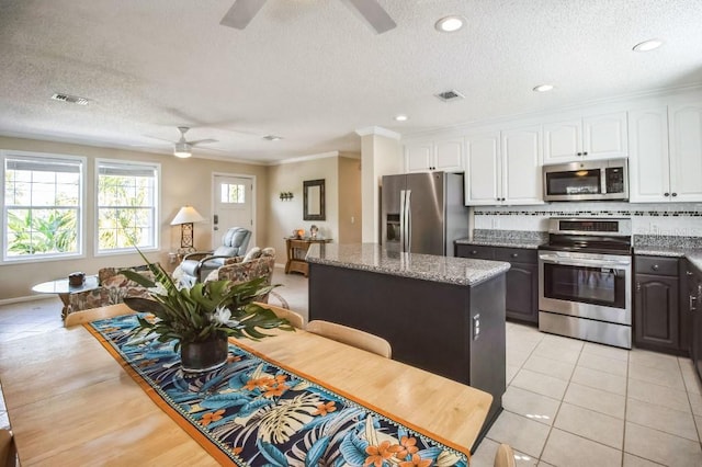 kitchen featuring white cabinetry, light stone countertops, stainless steel appliances, and ceiling fan