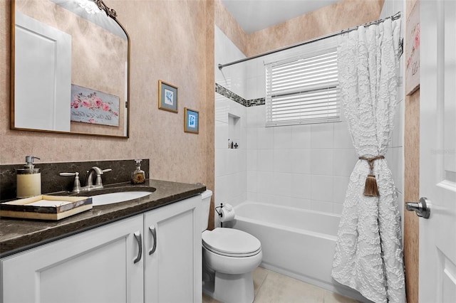 full bathroom featuring vanity, toilet, shower / bath combo, and tile patterned floors