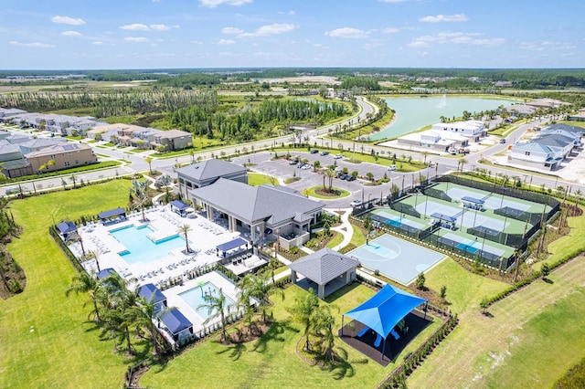 bird's eye view with a water view