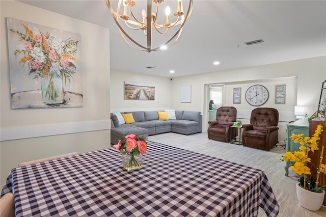 bedroom featuring access to exterior, a notable chandelier, visible vents, and recessed lighting