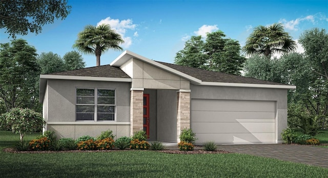 view of front of home with a garage and a front lawn