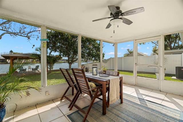 sunroom / solarium with a water view and ceiling fan