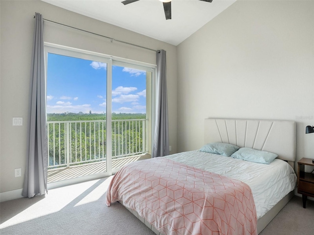 bedroom featuring vaulted ceiling, ceiling fan, access to exterior, and carpet floors