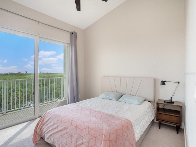 carpeted bedroom with lofted ceiling, access to exterior, and ceiling fan