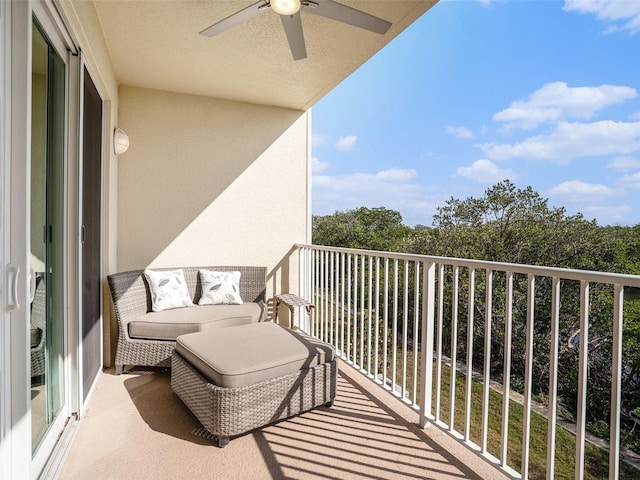 balcony featuring ceiling fan