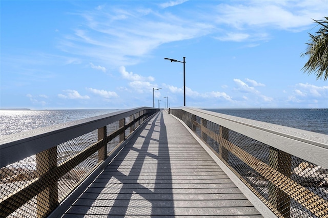 dock area with a water view and a view of the beach