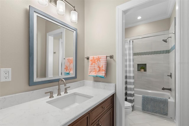 full bathroom featuring toilet, crown molding, shower / tub combo, vanity, and tile patterned flooring