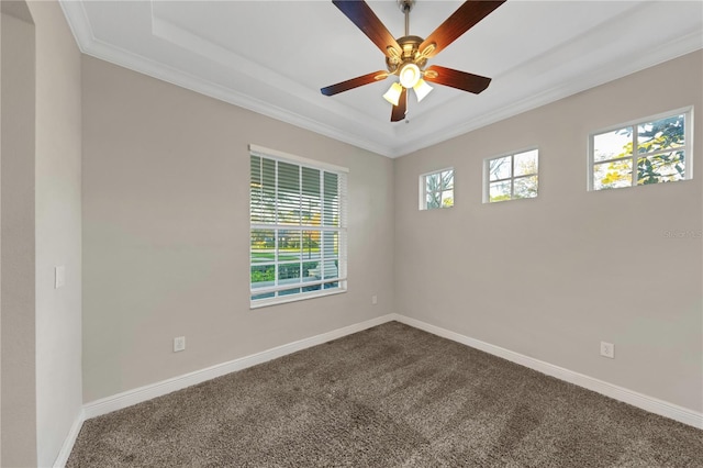 spare room featuring carpet, baseboards, ceiling fan, and ornamental molding