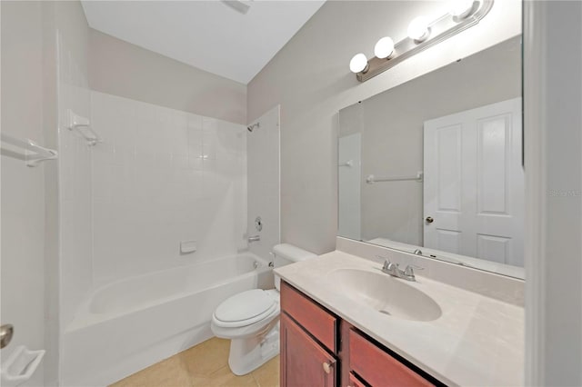 bathroom with toilet, shower / bath combination, tile patterned floors, and vanity