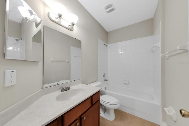 full bath featuring visible vents, shower / bathing tub combination, toilet, vanity, and tile patterned floors