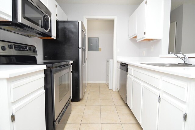 10263 Gandy Blvd N Unit 105, Saint Petersburg, FL 33702 - kitchen featuring appliances with stainless steel finishes, a sink, electric panel, and white cabinetry