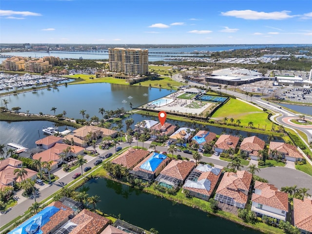 aerial view featuring a water view