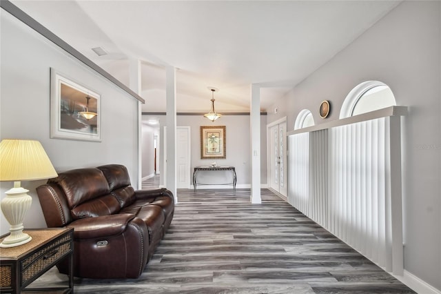 living room with dark hardwood / wood-style floors