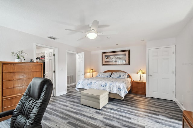 bedroom with a closet, a walk in closet, dark hardwood / wood-style floors, and ceiling fan