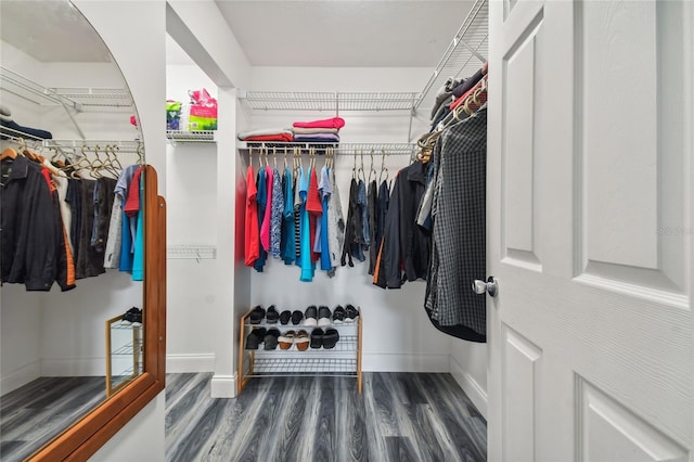 walk in closet with dark hardwood / wood-style flooring