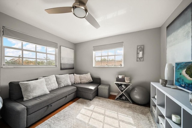 living room featuring hardwood / wood-style flooring and ceiling fan