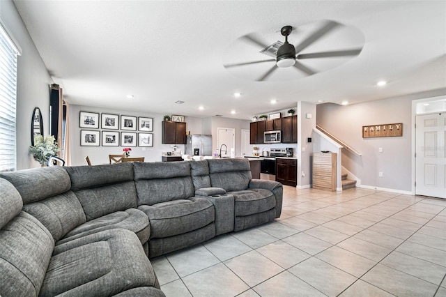 16126 Sunday Stroll Way, Odessa, FL 33556 - living room with stairs, a ceiling fan, light tile patterned floors, recessed lighting, and baseboards