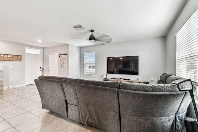 16126 Sunday Stroll Way, Odessa, FL 33556 - living room with light tile patterned floors, a ceiling fan, recessed lighting, and baseboards