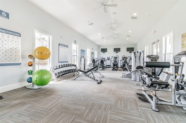 16126 Sunday Stroll Way, Odessa, FL 33556 - gym featuring carpet flooring, ceiling fan, high vaulted ceiling, baseboards, and recessed lighting