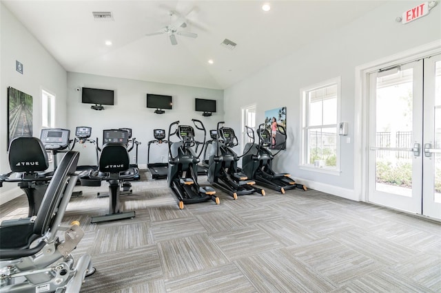 16126 Sunday Stroll Way, Odessa, FL 33556 - gym featuring ceiling fan, baseboards, recessed lighting, light colored carpet, and high vaulted ceiling