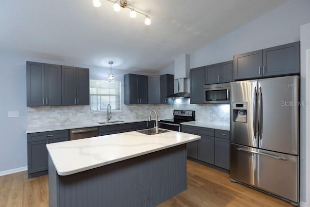 kitchen featuring stainless steel appliances, an island with sink, sink, and decorative light fixtures