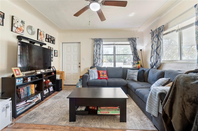 living room featuring a ceiling fan and wood finished floors