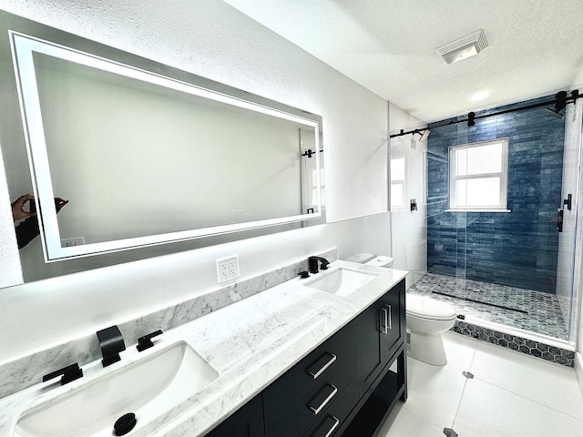 full bathroom with double vanity, a stall shower, toilet, a textured ceiling, and a sink